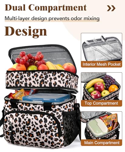 Insulated Lunch Bag for Women, Double Leakproof Lunch Box Soft Cooler Tote with 5 Pockets, 600D Oxford, EVA Lining, Adjustable Strap for Work, Picnic, Beach&Travel-Leopard Print - color: Leopard Print, size: Double