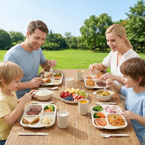 24 PCS Wheat Straw Dinnerware Set for Kids Divided Plates Bowls Cup Cutlery Sets, Reusable Tableware Set Microwave Dishwasher Safe for School Party, Camping, Home - color: Beige