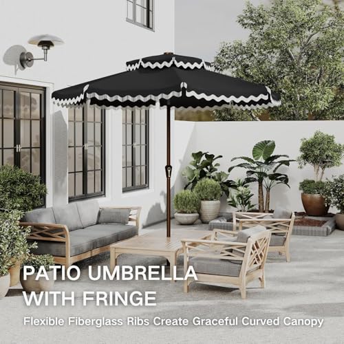 Kingdura 9ft Patio Umbrella with Fringe, Outdoor Table Umbrella with 8 Sturdy Fiberglass Ribs, Push-Button Tilt, UPF 50+, Luxurious Vintage Pool Umbrellas - color: Black - Fringe, size: 9 Ft
