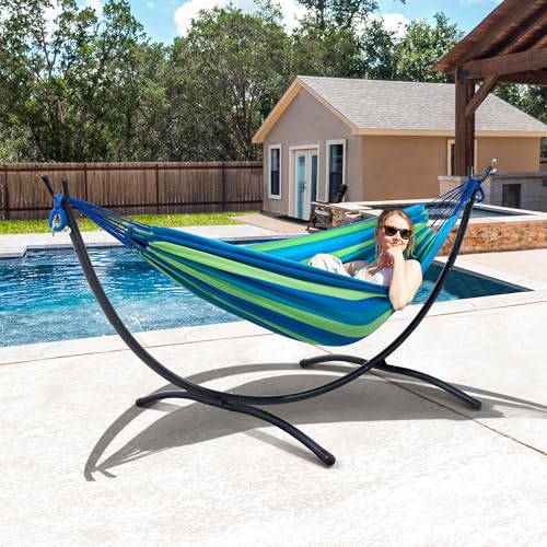 SUNCREAT Portable Outdoor Hammock with Stand Included, Double Hammock with Stand for Outside, Blue & Green Stripes - color: Blue &Green