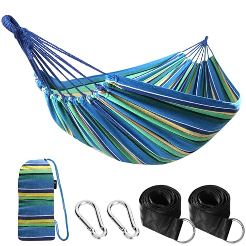 ANYOO Cotton Hammock Portable Camping Hammocks for Hanging Sturdy Garden Comfortable Fabric Hammock with Tree Straps Up to 660lbs with Travel Bag for Camping Outdoor/Indoor Patio Backyard - color: Blue/Yellow/Green Stripe