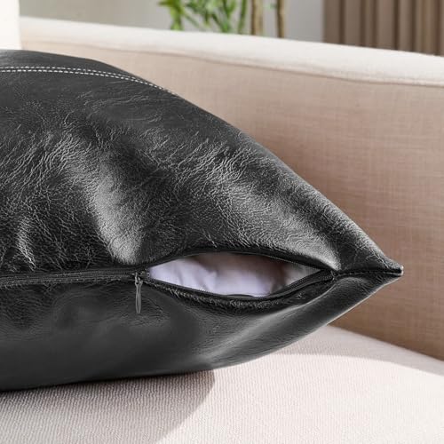 Fancy Homi 2 Packs Black Boho Faux Leather Decorative Throw Pillow Covers 16x16 Inch for Living Room Couch Bed Sofa, Rustic Modern Farmhouse Home Decor, Hand Stitched Square Cushion Case 40x40 cm - color: Black, size: 16" x 16" (Pack of 2)