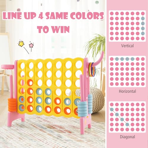 Costzon Giant 4-in-A-Row, Jumbo 4-to-Score Giant Game w/Basketball Hoop, Ring Toss, Quick-Release Slider, 42 Jumbo Rings, Indoor Outdoor Family Connect Game for Kids & Adults, Backyard Games - color: Yellow/Pink