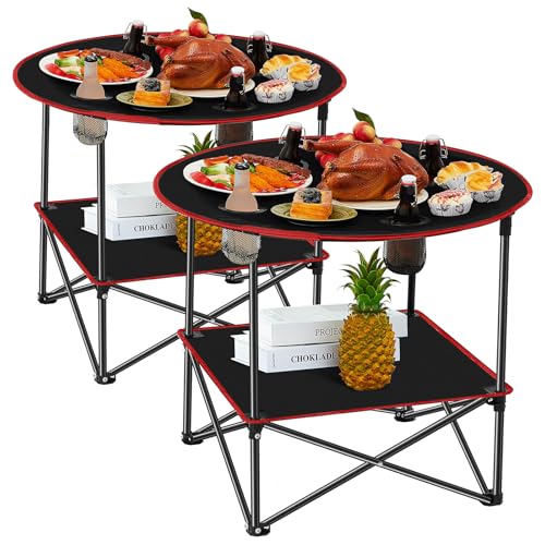 Soaoo 2 Pcs Folding Camping Table with 4 Mesh Cupholders 2 Tier Portable Folding Table Round Lightweight Fabric Compact Carrying Case Beach Table for Summer Outdoor Tailgating Fishing Hiking - color: Black