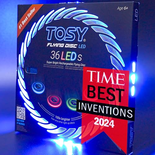 TOSY Flying Disc - 108 RGB Multicolor or 36 Monocolor LEDs, Super Bright, Smart Modes, Easter Basket Stuffers Gift, Camping Toy for Kid/Teen/Adult, Auto Light Up, Rechargeable, Waterproof, 175g - color: Blue 36 Leds (Black Disc)