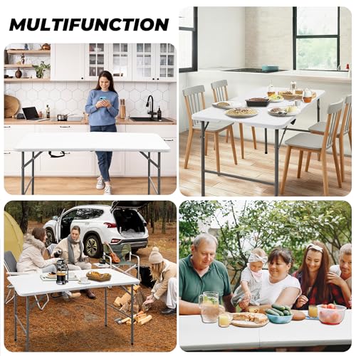 4ft Portable Folding Table, Indoor Outdoor Plastic Dining Table w/Handle, Fold-in-Half Utility Foldable Table for Camping, Picnic and Party, White