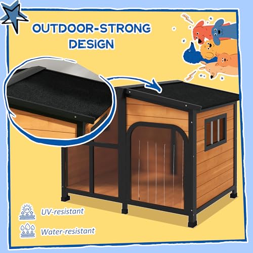 PawHut Outside Cabin-Style Wooden Dog House for Large Dogs with Openable Roof & Giant Window, Outdoor & Indoor Big Dog Shelter, Asphalt Roof, Yellow - color: Yellow