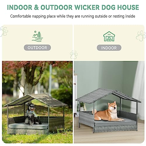 Lyromix Wicker Dog House with Canopy, 32" Outdoor Elevated Rattan Dog Bed with Water-Resistant Soft Cushion, Large Outside Raised Dog Shelter for Small, Medium Dogs, Gray