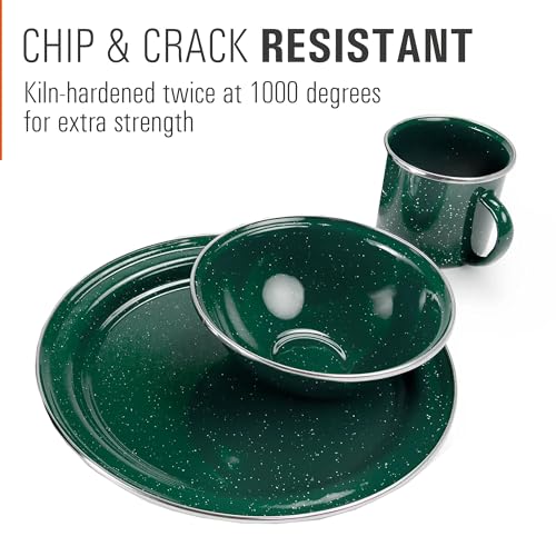 GSI Outdoors Pioneer Enamel 12 Pieces (4-Person) Dish Set I Enamelware Dishes Including Plates, Bowls and Mugs for Camping, Outdoors, RV, Camp, Green - color: Green