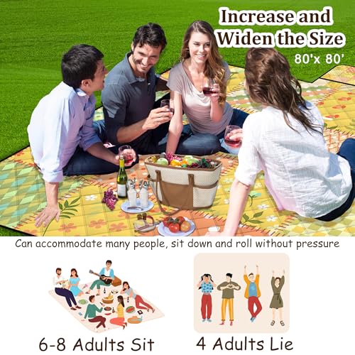 Extra Large Picnic Blanket Waterproof,80"x 80"Foldable Machine Washable Beach Blanket,Outdoor Blanket for 6-8 Adults,Suitable for Indoor Crawling,Park Beach,Camping,Hiking,Family Travel(Colorful) - color: Yellow Tile, size: 6'8" x 6'8" (Square)