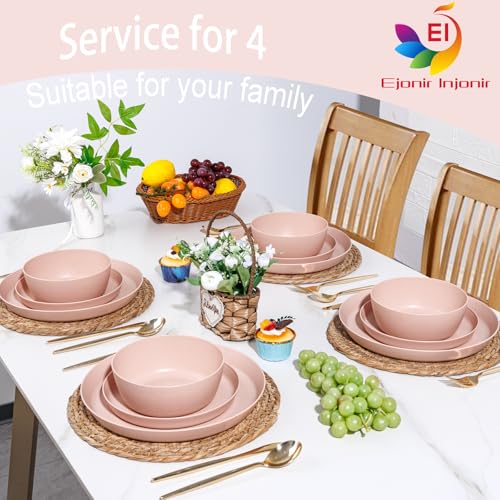 EI 12pcs Pink Wheat Straw Plates,Wheat Straw Dinnerware Set for 4,Plates and Bowls Sets,Plastic Plate Reusable,Unbreakable Plastic Plate Melamine,Camping Family Dishes Set - color: Pink Wheat Straw Plates and Bowls
