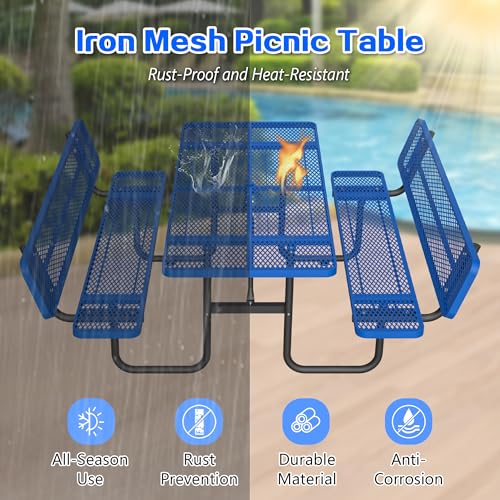 72" Rectangular Metal Picnic Tables for Outdoors with Backrest Seats Umbrella Hole - Coated Steel Heavy Duty Commercial Grade Table, Patio Rectangular Furniture Set for a Lifetime, Blue - color: Blue-backrest