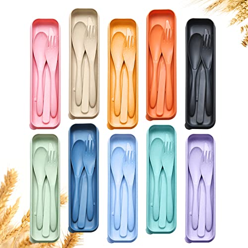 Reusable Travel Utensils Set with Case, 10 Sets Wheat Straw Portable Knife Fork Spoons Cutlery, Eco-Friendly BPA Free Plastic Tableware for Kids Adults Travel Picnic Camping Silverware - color: 10 Sets - Multiple Colors