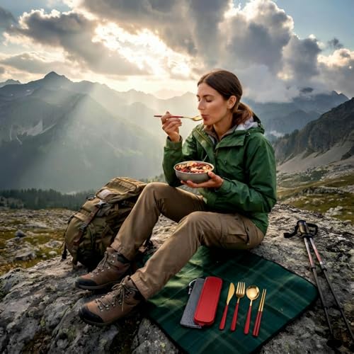 Portable Camping Utensil Set - 18/8 Stainless Steel Travel Silverware with Compact Case - Reusable Knife Fork Spoon Chopsticks Kit for Hiking, Picnic, Backpacking & Outdoor Eating (Gold Red) - color: Gold Red
