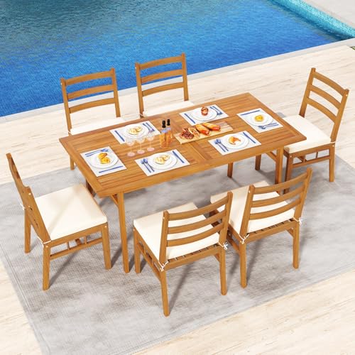 Tangkula 7 Pieces Patio Acacia Wood Dining Set, Outdoor Heavy Duty Rectangular Table with 1.97” Umbrella Hole and 6 Cushioned Chairs, for Deck, Garden and Backyard - size: 7 pieces
