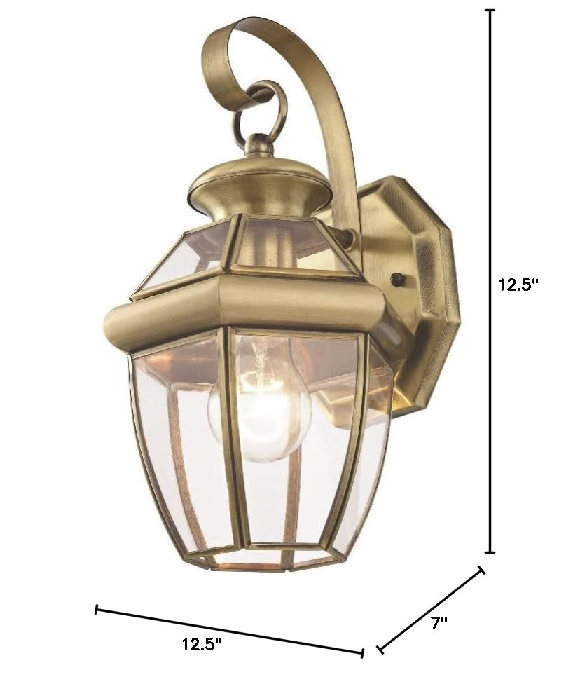 Livex Lighting 2051-01 Monterey 1 Light Outdoor Antique Brass Finish Solid Brass Wall Lantern with Clear Beveled Glass - color: Antique Brass