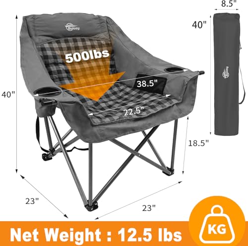 Bolosy 2 Pack Oversized Camping Chairs for Adults Heavy Duty Padded Portable Lawn Chairs Outdoor Folding Chairs XL Camp Chairs with Cup Holder Suproot 500 lbs, Gray Plaid - color: Gray Plaid Plus Size, size: Twin Pack