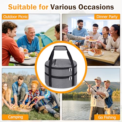 Round Double Insulated Casserole Carrier – 12" Portable Pie Carrier Bag for Hot or Cold Food, Leakproof Thermal Lunch Tote with Handle for Parties Picnic & Travel - Grey - color: Gray, size: Double
