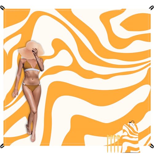 Yellow Beach Blanket, Sand Free Waterproof Outdoor Beach Mat with 4 Stakes & Pockets, 78''×86'' Large Sandproof Foldable Picnic Blanket with Portable Bag for Camping, Travel, Hiking - color: Yellow Quicksand, size: 6.5x7.2 FT (1～4 person)