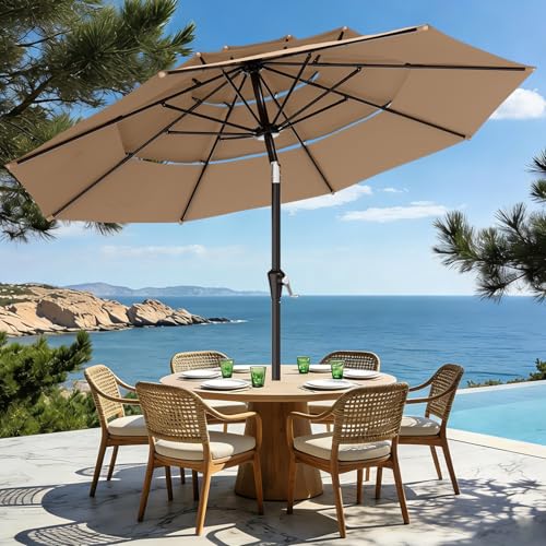 AreShark 9ft 3-Tier Patio Umbrellas, Outdoor Umbrella with 8 Sturdy Ribs UV Protection Windproof, Market Table Umbrella w/Push Button Tilt & Crank for Pool, Porch, Deck, Garden(Beige) - color: Beige