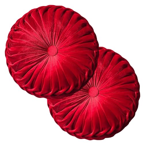 Teieas 2 Pcs Round Throw Pillows Decorative Pumpkin Velvet Boho Pleated Bed Pillows Back Support for Couch Chair Dorm Car 14.96'' (Red) - color: Red