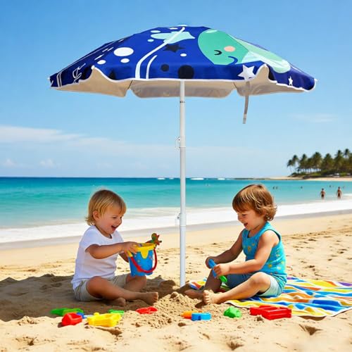 LOTTAFUN Water Table Umbrella Kid 5ft Beach Umbrella - Heavy Duty Wind Resistant UV 50+ Portable Sun Shade with Sand Anchor & Carry Bag, Outdoor Folding Umbrella for Beach,Pool,Patio,Garden (Dophin) - color: Dophin