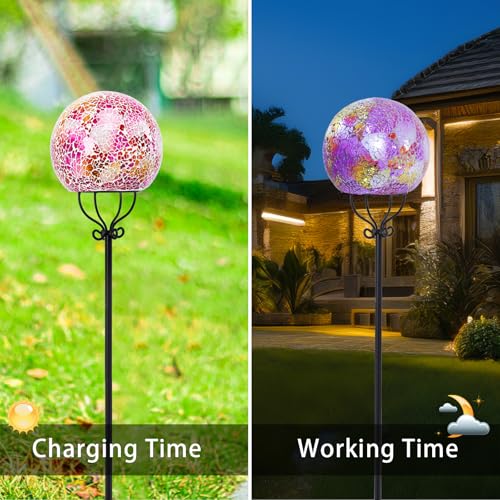 VCUTEKA Solar Outdoor Lights Garden Decor Mosaic Solar Garden Lights Waterproof Glass Ball LED Pathway Stake Light for Landscape Lawn Patio Yard Decoration 6 inch, Pink - color: Pink