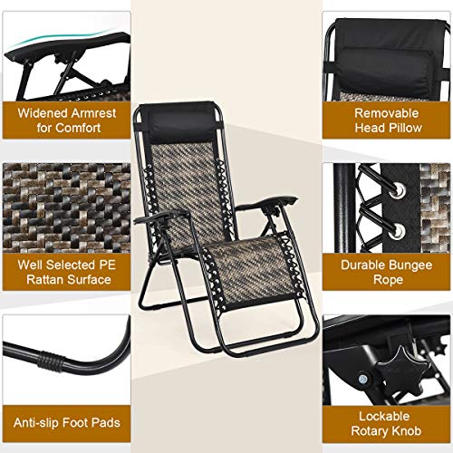 COSTWAY 2PCS Zero Gravity Lounge Chairs, Patio Rattan Recliner with Pillow, Lockable, Foldable & Lightweight, Suitable for Outdoor Use (Mix Gray) - color: Mix Gray