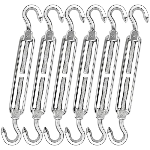 yofit 6 Inch Turnbuckle, 6 Pcs Shade Sail Hardware with Stainless Steel Turnbuckles Kit Hook and Hook Turnbuckle Tensioner for Sun Shade Cables Wire Rope Patio Outdoor - size: 6 Inch Turnbuckle-6 pcs