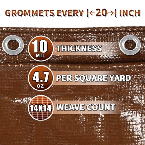 Brown Tarp 20x40 Feet, 10 Mil Thick Waterproof Poly Tarps Cover UV Resistant, Rip & Tear Proof with Metal Grommets Every 20 Inches - color: Brown, size: 20x40 Ft