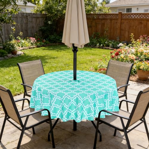 Poise3EHome Round Outdoor Tablecloth with Umbrella Hole and Zipper, Aqua 60 Inch Waterproof Patio Table Cloth, Heavy Duty Wipeable Table Cover for Summer BBQ, Picnic, Camping, Garden & Party Decor - color: Aqua Blue, size: 60" (Round)
