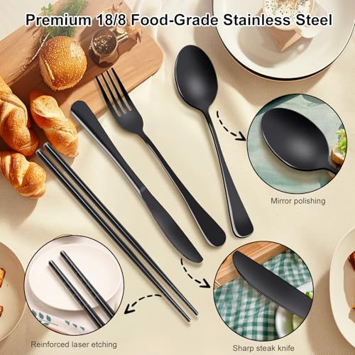 Reusable Travel Utensils Set with Case, Premium Stainless Steel Flatware, Portable Silverware for Lunch, Camping, Picnic, Travel Fork and Spoon Set, To Go Utensils, Dishwasher Safe - color: Black