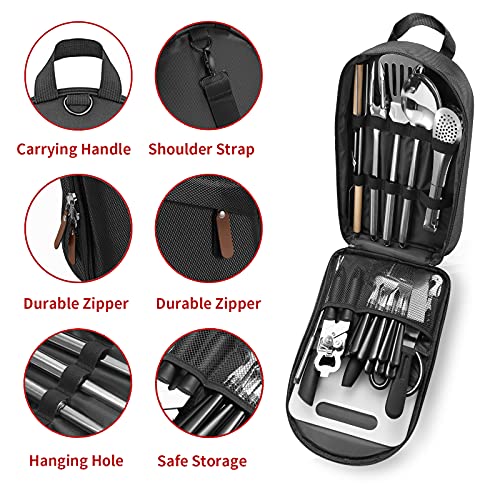 Portable Camping Kitchen Utensil Set-27 Piece Cookware Kit, Stainless Steel Outdoor Cooking and Grilling Utensil Organizer Travel Set Perfect for Travel, Picnics, RVs, Camping, BBQs, Parties and More - color: black