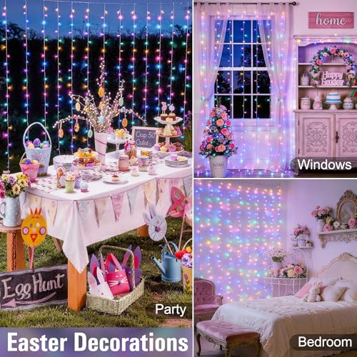 JMEXSUSS 300LED Easter Decorations Curtain Lights with Remote, 9.8x9.8ft Easter Sting Lights Plug in for Bedroom Wall Window Party Backdrop Porch Patio Garden Yard Indoor Outdoor Decor - color: Easter Color, size: 300 LED