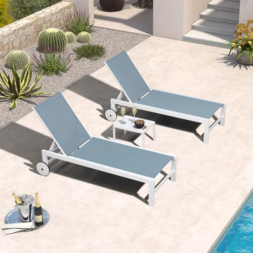 PURPLE LEAF Outdoor Chaise Lounge Chairs Set of 2 White Aluminum Lounge Chair Five-Position Adjustable Chaise with Wheels and Table for Pool Deck Patio, Steel Blue - color: Steel Blue, style: Standard Straight-leg