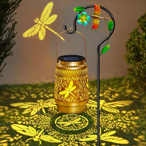 2 Packs Dragonfly Solar Lanterns Outdoor Waterproof with Shepherd Hook,Hanging Solar Lights Garden Decor,Christmas Decorations Dragonfly Gift for Women Grandma,Metal Decorative Lanterns for Yard,Patio - style: 2 packs solar dragonfly lanterns
