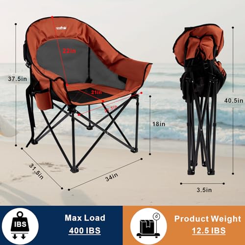 apollo walker Oversized Camping Chair - Heavy Duty XL Padded Camping Chairs with Breathable Mesh, Portable Folding Outdoor Chairs for Adults, Beach Chair with Cup Holder & Side Pocket, Supports 500lbs - color: Orange