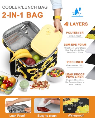 Capolo Lunch Box for Women Men Adults,Insulated Lunch Bag Leakproof Lunch Cooler Box with Removable Strap Cute Lunch Tote Bags Reusable Thermal Lunchbox for School Work Picnic(Small,Sunflower) - color: Sunflower, size: Small