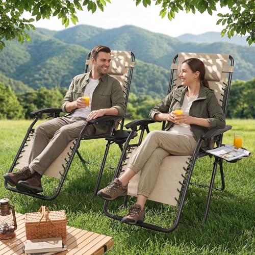 Set of 2 Adjustable Zero Gravity Lounge Chairs Outdoor Recliner w/Cup Holder Tray & Removable Pillows, Ergonomic Reclining Chair for Camping Patio Lawn Balcony (Beige-Brown) - color: Beige-brown