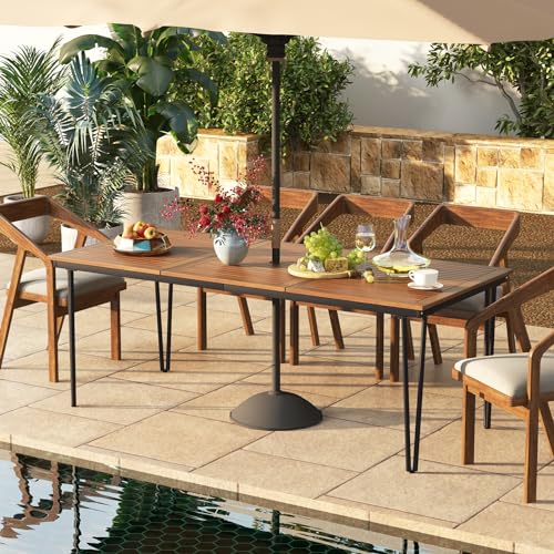 Tangkula 79 Inch Outdoor Dining Table for 8, Acacia Wood 8-Person Patio Table with 1.9 Inch Umbrella Hole, Metal Legs & Adjustable Foot Pads, Rectangular Outside Table for Garden, Poolside & Backyard - size: 79"