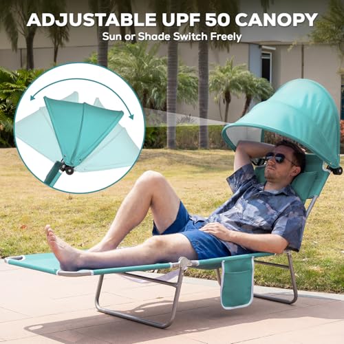 Romswi 2PK Folding Tanning Beach Chair with Face Hole & Canopy Shade, 5-Position Reclining Sun Lounger, Portable Face Down Tanning Chair with Arm Holes & Side Pocket for Beach, Pool & Patio, Cyan - color: Cyan With Sunshade, size: 2pcs