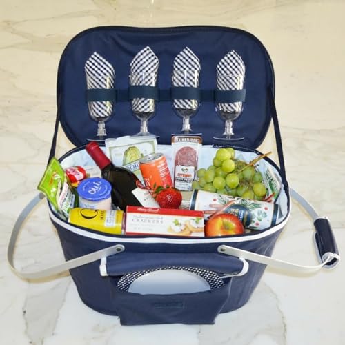 Picnic at Ascot Patented Collapsible Insulated Picnic Basket Equipped with Service For 4- Designed and Assembled in USA - color: Navy