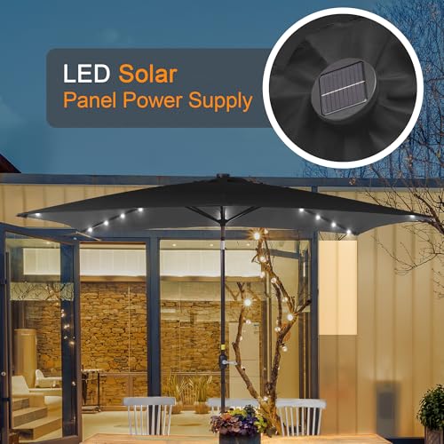 Rectangle Patio Umbrella with Solar Lights, 10 x 6.5ft Rectangular Outdoor Umbrella Table Market Patio Umbrella with Push Button Tilt and Crank for Garden, Deck, Backyard, Pool - color: Black