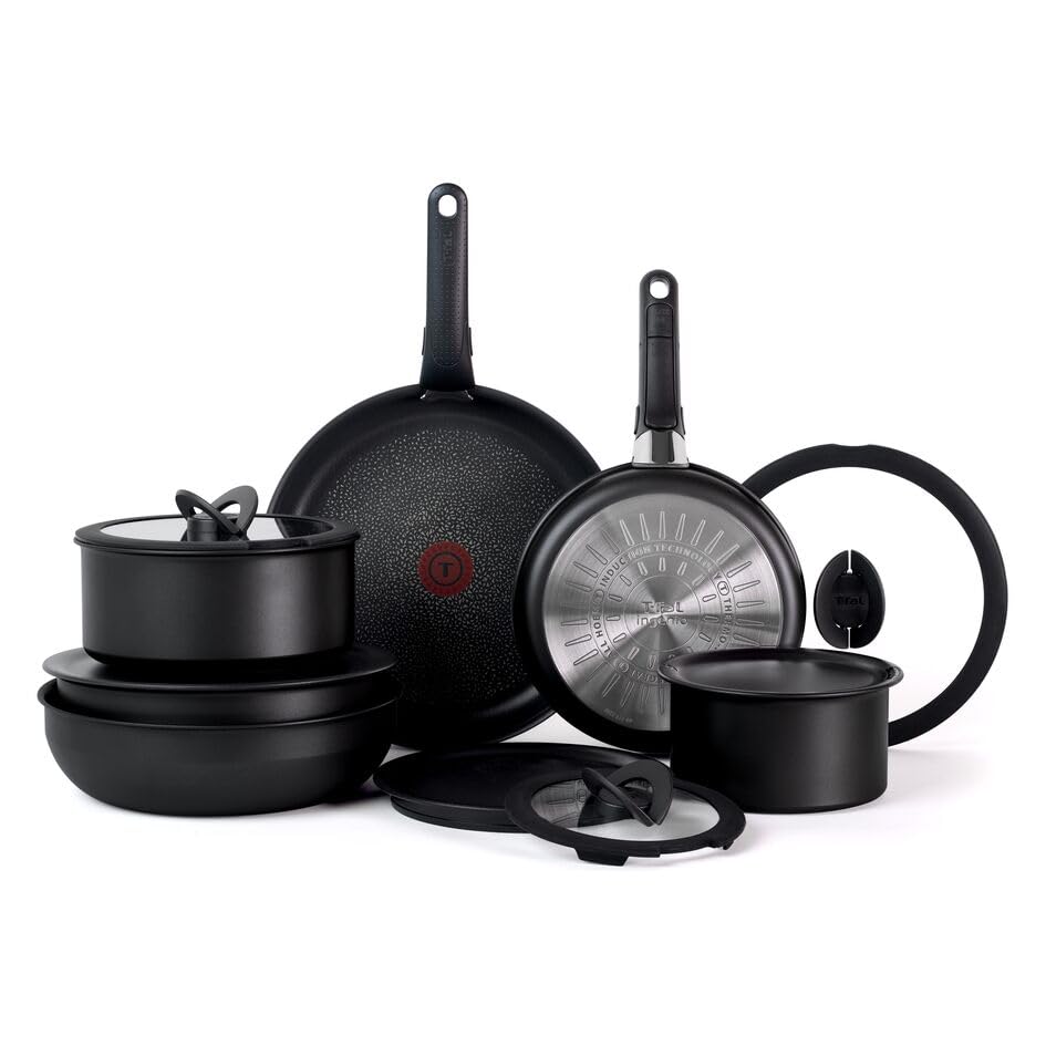 T-fal Ingenio Expertise Non Stick Cookware Set 14 Piece, Induction Oven Broiler Safe 500F, Detachable/Removable Handle, Kitchen, Pots and Pans, RV, Camping, Fry Pans, Saucepans, Dishwasher Safe Black - color: Black, size: 14-Piece