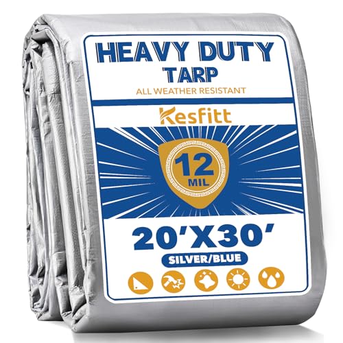 Kesfitt 12 Mil Heavy Duty Waterproof Tarp with Metal Grommets, 20x30 ft, Silver & Blue Reversible Poly Tarp for Outdoor Protection, Yard, Worksite, Pools, Vehicles, Equipment Coverage - size: 20x30 ft