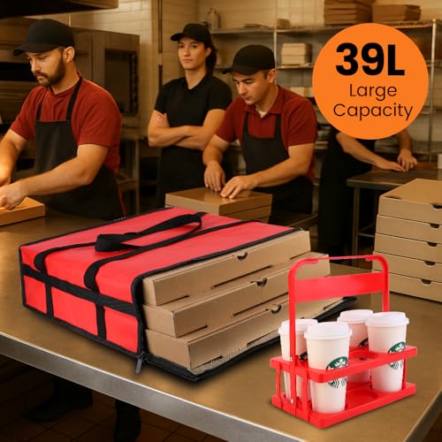Bodaon Insulated Pizza Bags for Delivery & Plastic Portable Drink Carrier, 20" x 20" x 6" ermicas Thermal Food Carrier for Hot and Cold Food, Large Warming Bag for Catering and Delivery, 1-Pack - color: Red Bag with Drink Carrier, size: 20" x 20" x 6"