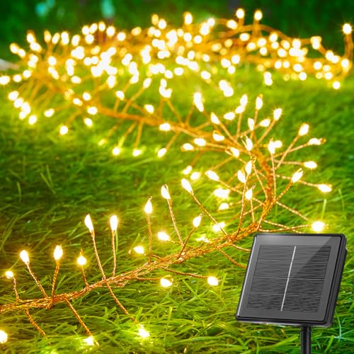 120LED 10FT Solar Fairy Lights Outside Waterproof, 8 Lighting Modes IP65 Outdoor Solar String Lights Outdoor Waterproof Firecracker Twinkle Light for Patio Yard Garden Party Decorations, Warm White - color: Warm White, size: 9.8Ft