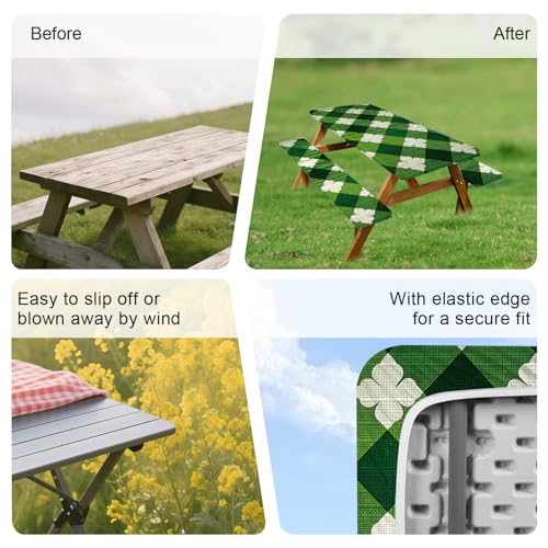 ANNA QUEEN St. Patrick’s Day 6FT Picnic Table Cover with Bench Covers Set of 3 with Drawstring Bag, Green Plaid Clover 72"x30" Waterproof Picnic Tablecloth & Bench Covers - color: #63