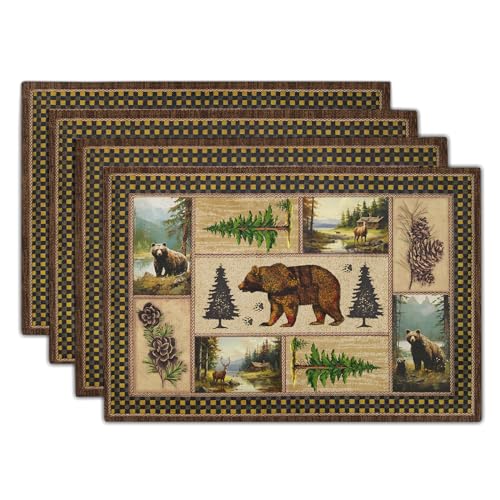 Rustic Lodge Bear Deer Placemats 4 Pcs, Vintage Cabin Pine Cone Plaid Place Mats, Heat Resistant Non Slip Cotton Linen Dining Table Mats Home Kitchen Decor, 18 x 12 Inch - color: Bear Cabin
