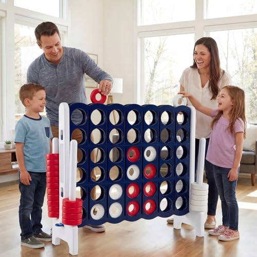 GLACER Giant 4-in-A-Row Game Set, 4-to-Score Game with Quick-Release Slider & 42 Jumbo Rings, 3.5FT Tall Outdoor Yard Games for Family Parties, Kids & Adults - color: Dark Blue+white